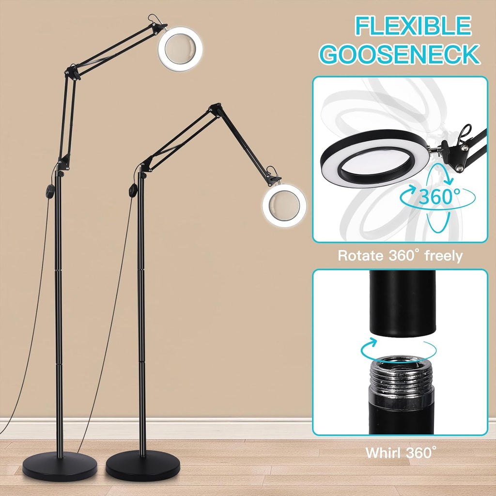 10X Magnifying Floor Lamp, 3-in-1 Hands Free Magnifying Glass with Light and Stand, 2 Color Modes with Clamp for