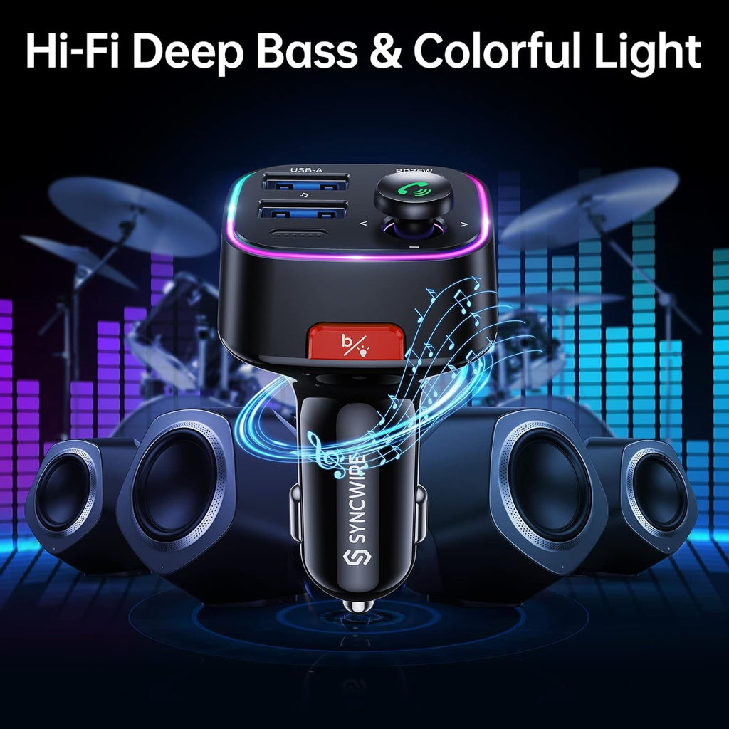 Bluetooth 5.4 Car Adapter 48W FM Transmitter for Hands Free Calls | Light Switch, Fast Charge (PD 36W & 12W), HiFi