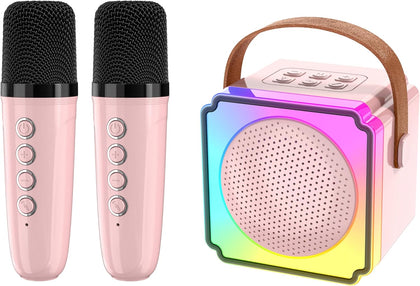 Mini Bluetooth Karaoke Machine for Kids Adults, Pink | with 2 Wireless Microphones and Lights, Christmas Birthday