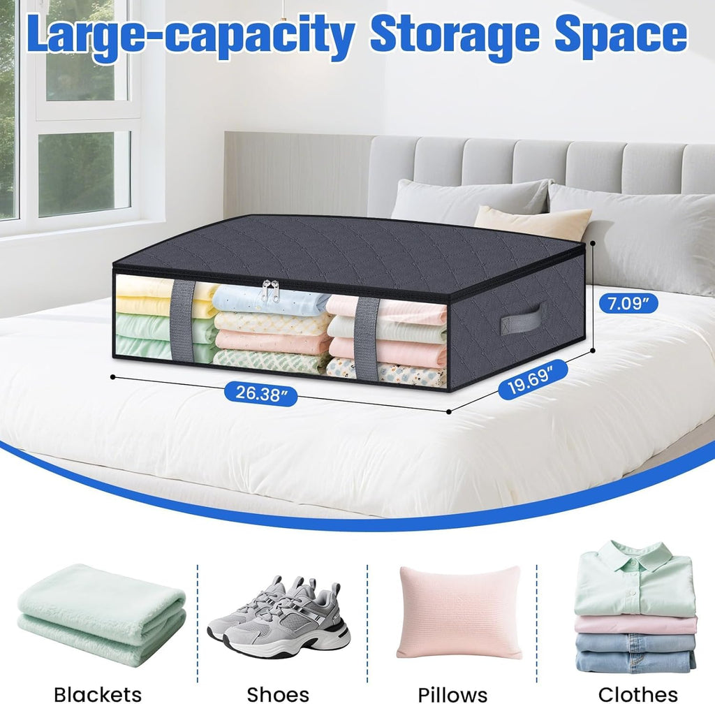Under Bed Storage Containers, 4 Pack Blanket Storage Bags, Collapsible Storage Bags with Big Zippers, Clear Front