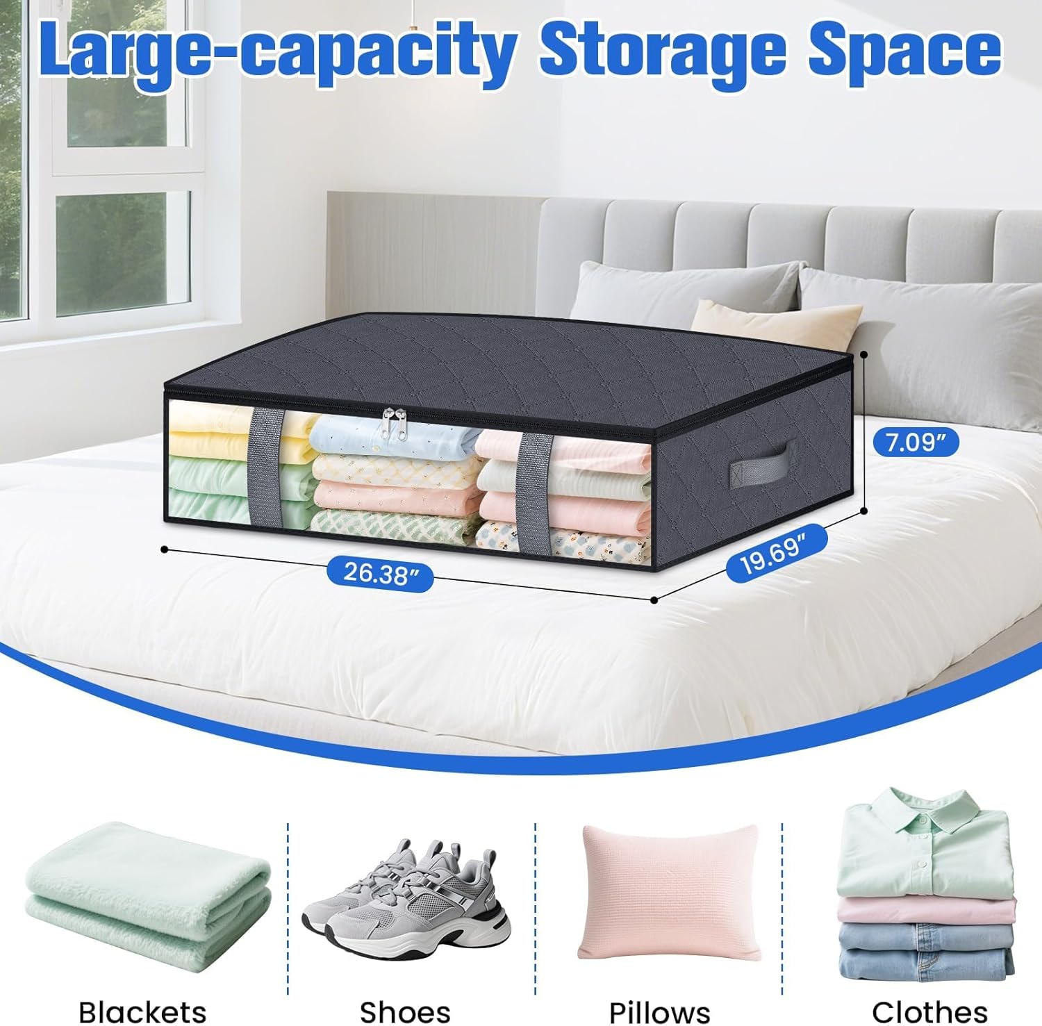 Under Bed Storage Containers, 4 Pack Blanket Storage Bags, Collapsible Storage Bags with Big Zippers, Clear Front