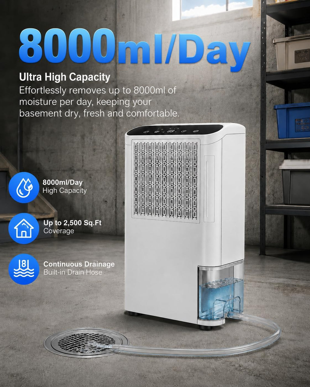 Dehumidifiers for Home & Basement, 2500 Sq.Ft Small Dehumidifier with Aroma Tray, 5ft Drain Hose, 74oz Water Tank