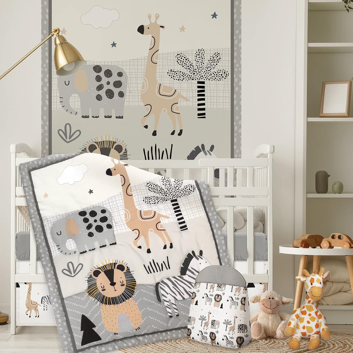 4 Piece Woodland Forest Animals Crib Bedding Set, Including Jungle Safari Crib Skirt, Blanket, Nursery Bed Sheet and