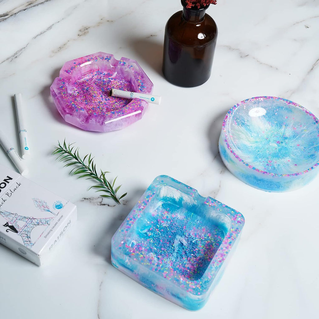 Epoxy Resin Silicone Molds Ashtray/Coaster 4 Shapes+9 Colors Glitter Powder Square/Round/Diamond DIY Casting Art