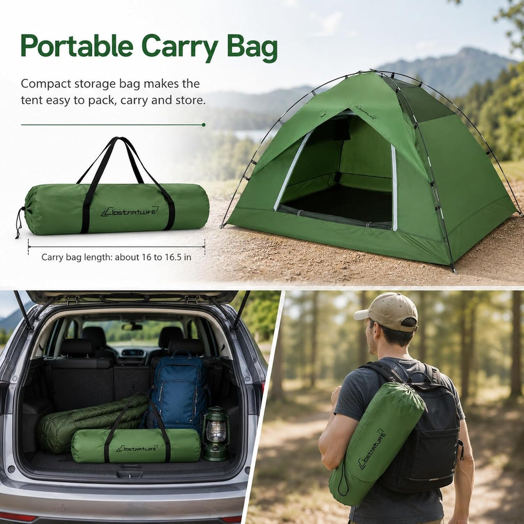Green Camping Tent for 2 to 3 Person, Portable Outdoor Tent with Carry Bag, Reinforced Sealed Corners for Camping