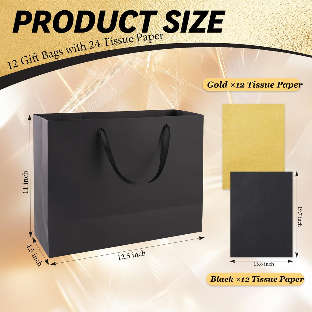 12 Pack Large Black Gift Bags with Handles & 24 Tissue Papers