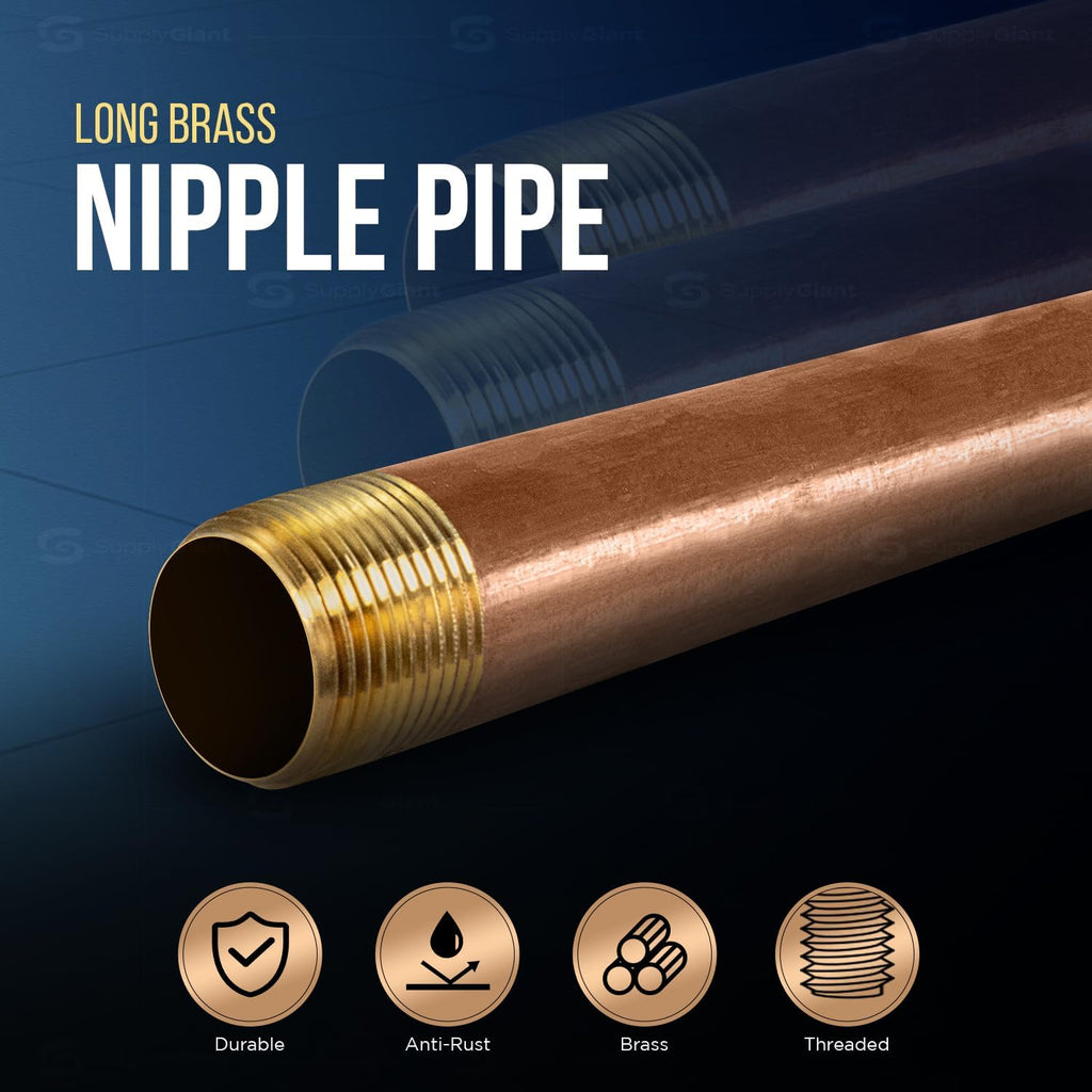 12" Long Brass Nipple Pipe Fitting with 1/2" Nominal Diameter and NPT Ends