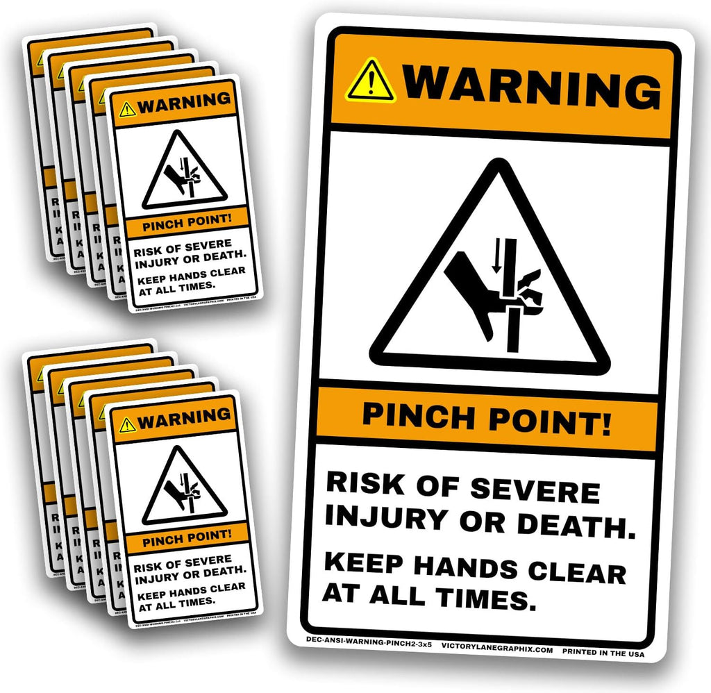 WARNING Pinch Point Labels #2 (10-Pack) – ANSI Z535 Safety Stickers, 3” x 5” Industrial Hazard Decals, OSHA