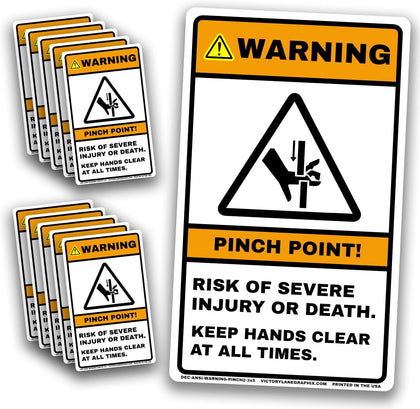 WARNING Pinch Point Labels #2 (10-Pack) – ANSI Z535 Safety Stickers, 3” x 5” Industrial Hazard Decals, OSHA