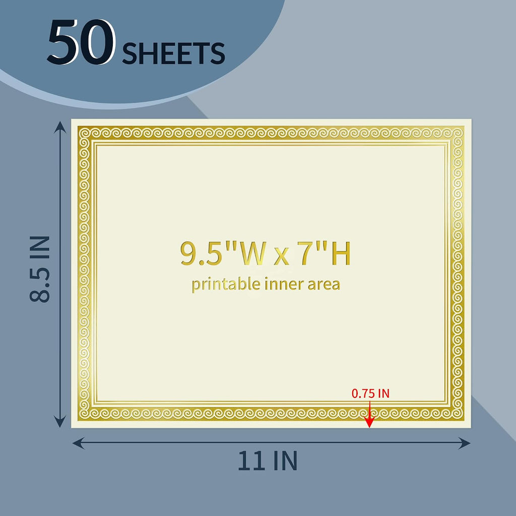 50 Sheets Certificate Papers - Blank Gold Foil Border, 8.5x11 for Diploma, Certificates, Participation Awards