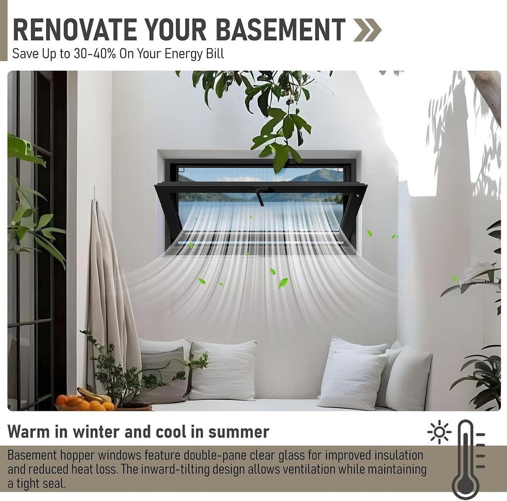 Vinyl Hopper Basement Window 32" x 18" Black