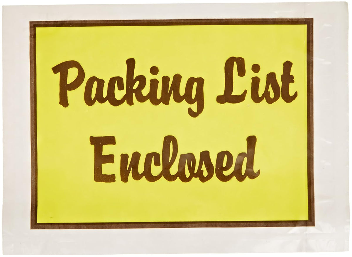 PL486 Poly Envelope, Legend "PACKING LIST ENCLOSED", 4-1/2" Length x 6" Width, 2 mil Thick, Yellow/Black on White