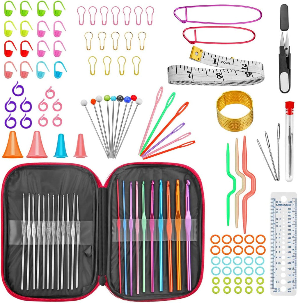 100 Pcs Crochet Hook Set with Yarn Knitting Needles Sewing Tools Full Set Knit Gauge Scissors Stitch Holders
