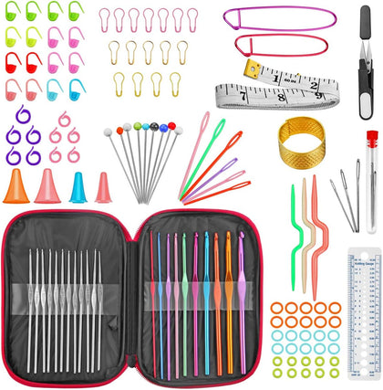 100 Pcs Crochet Hook Set with Yarn Knitting Needles Sewing Tools Full Set Knit Gauge Scissors Stitch Holders