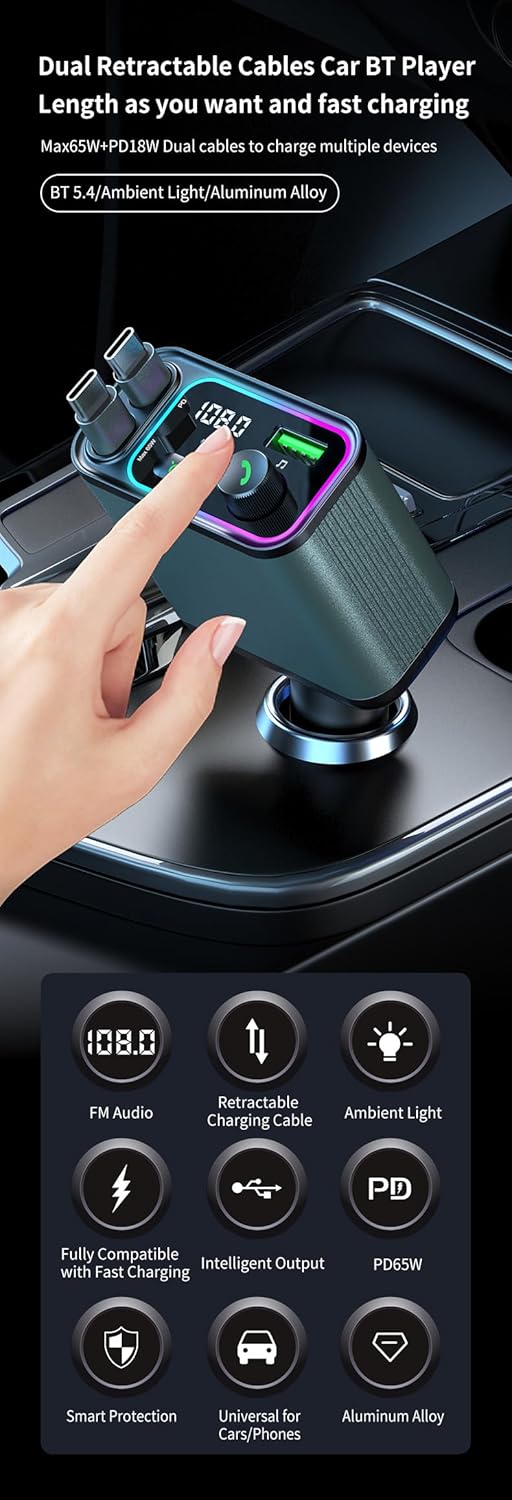 3 in 1 Retractable Car Charger Adapter & FM Transmitter Bluetooth Mp3 Player- Max 65W + 18W with 2 PD Fast Charging,2