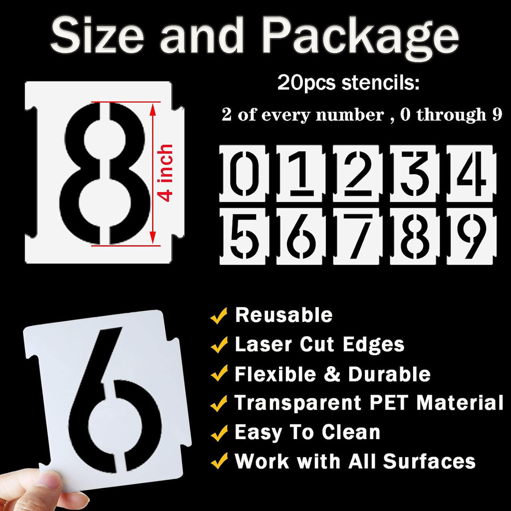4 Inch Curb Stencil Kit 0-9 Address Number Stencils, 20Pcs Reusable 14 Mil Mylar Plastic Templates for Painting on