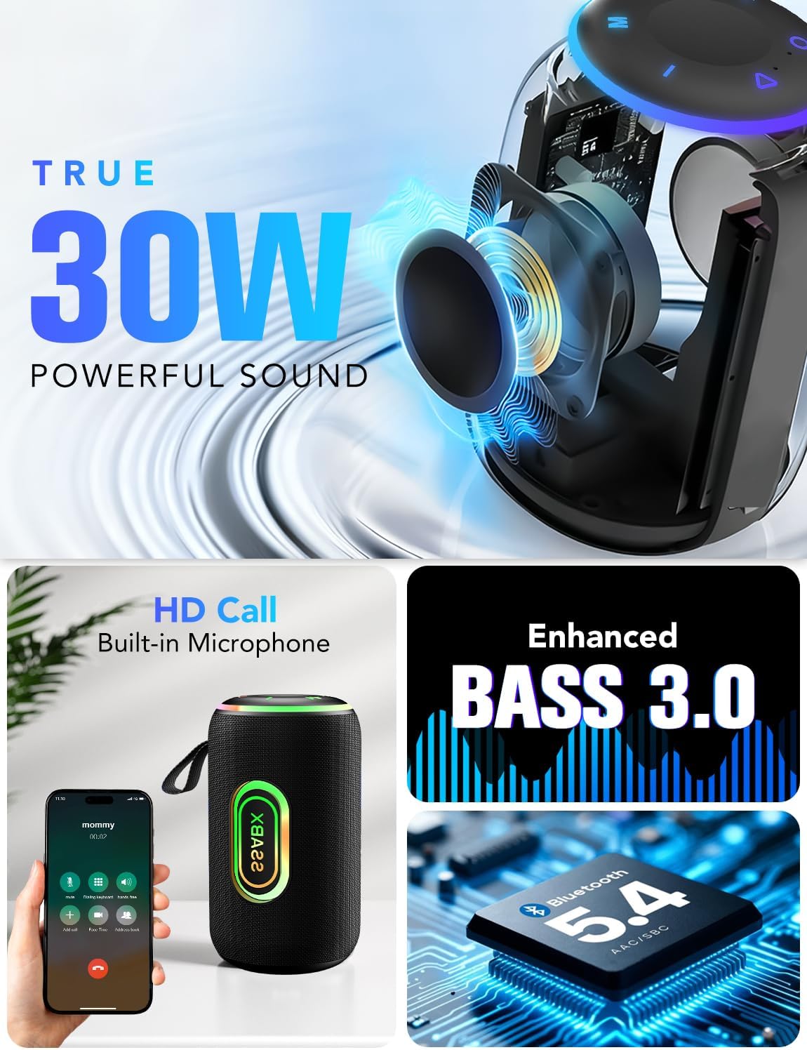Portable Bluetooth Speaker, Bluetooth 5.4 Speaker, 30W Dual Speaker, 2.0 Channel, Deep Bass, 30H Playtime, Colorful