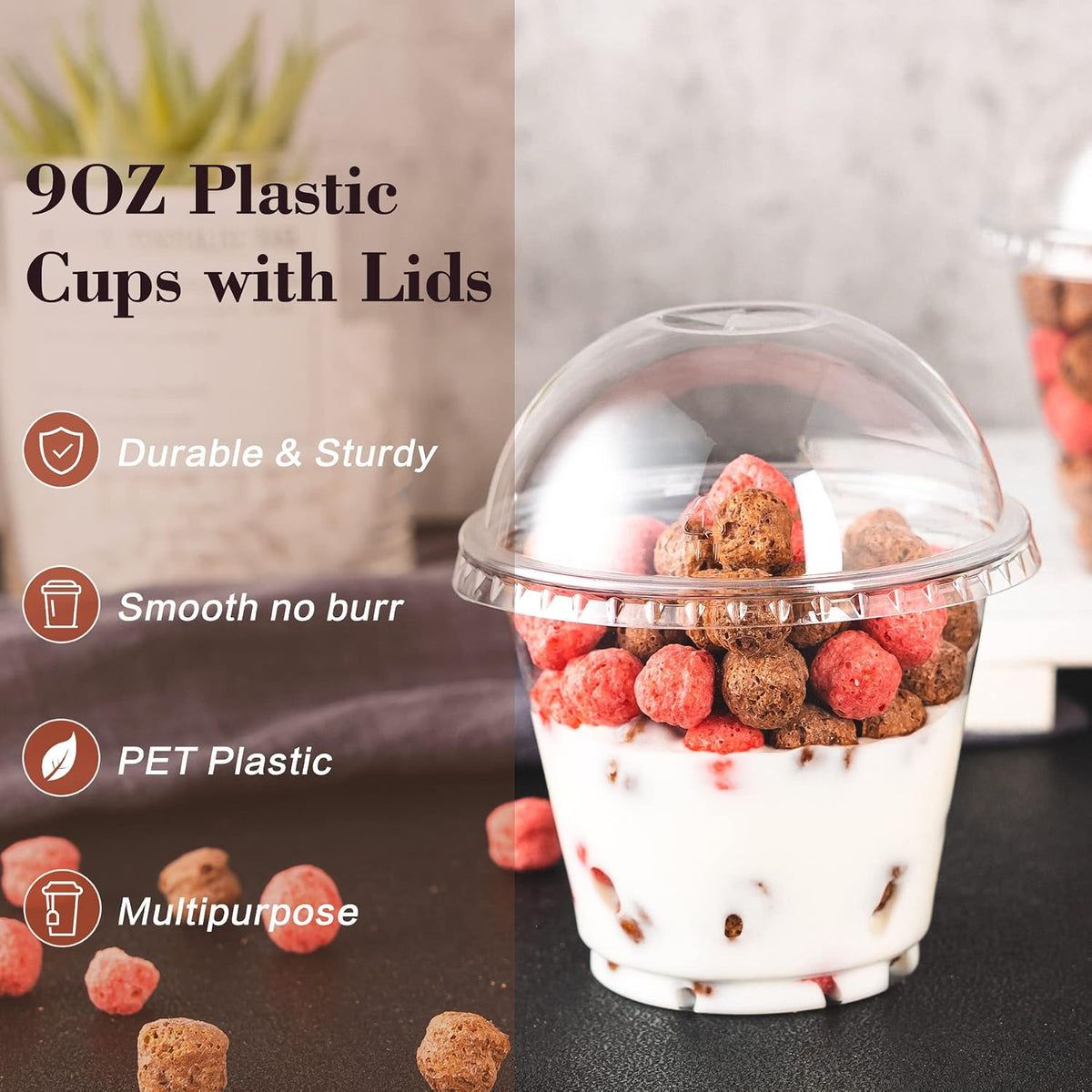 200 Pack 9oz Clear Plastic Cups with Dome Lids, Dessert Fruit Cups