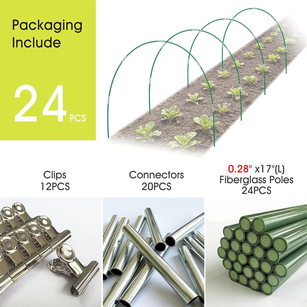 24 PCS Garden Hoops for Raised Beds, Greenhouse Hoops Kit Long Grow Tunnel for Row Cover, Rust-Free Fiberglass Garden