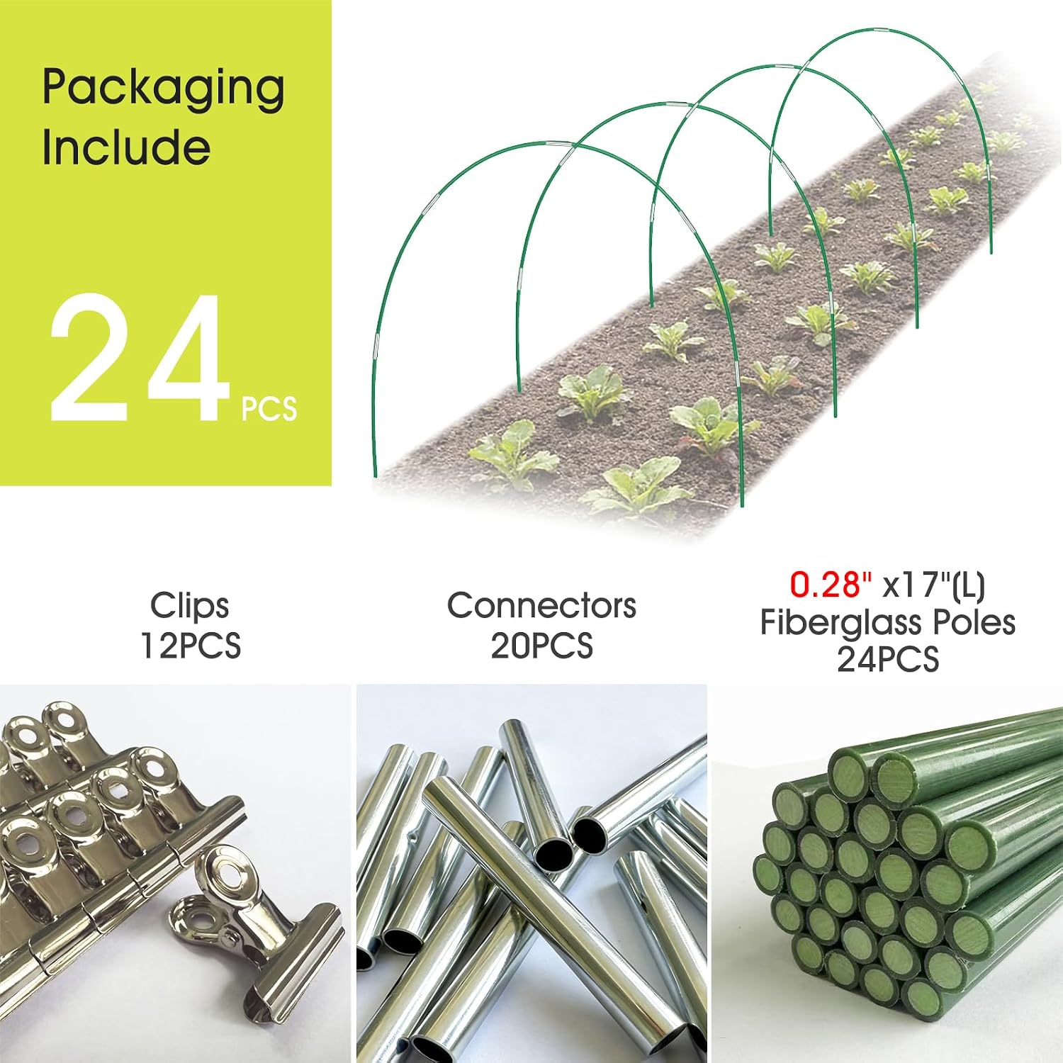 24 PCS Garden Hoops for Raised Beds, Greenhouse Hoops Kit Long Grow Tunnel for Row Cover, Rust-Free Fiberglass Garden