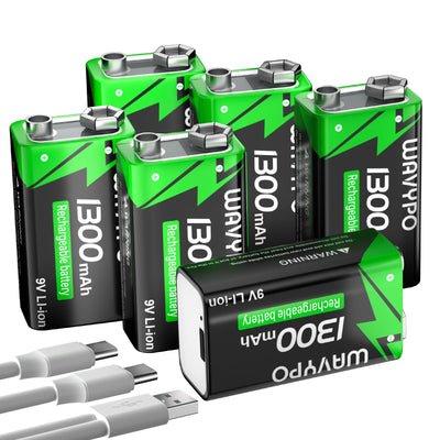 Rechargeable 9V Batteries, 1300mAh 9 Volt Lithium-ion Batteries Long Lasting 9V battery with 2 in 1 USB-C Fast