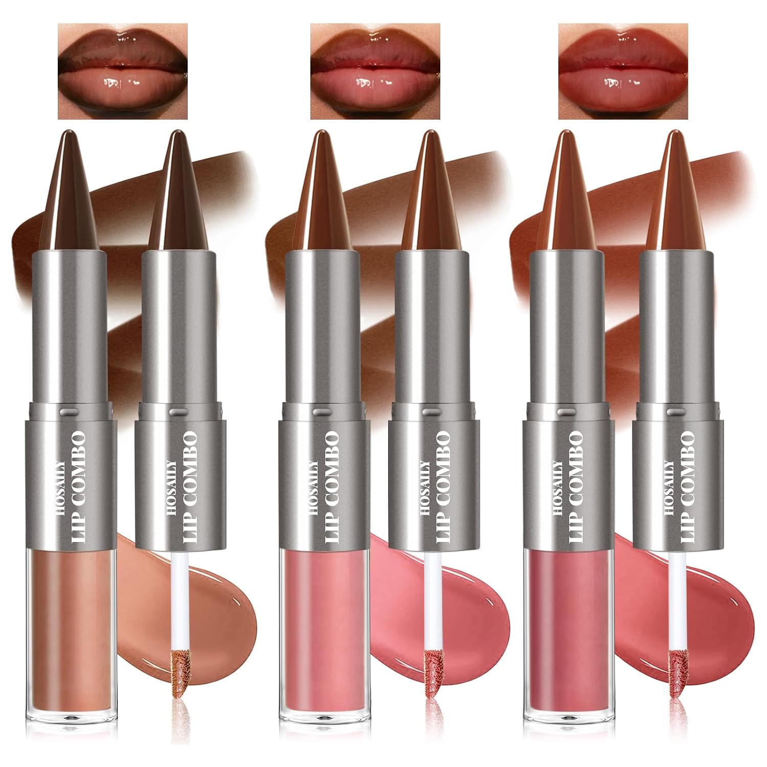 3Pcs Lip Combo Liner and Gloss Set, 2 in 1 Dual-Ended Moisturizing Plumping Brown Lip Liner Lipstick & High Shine