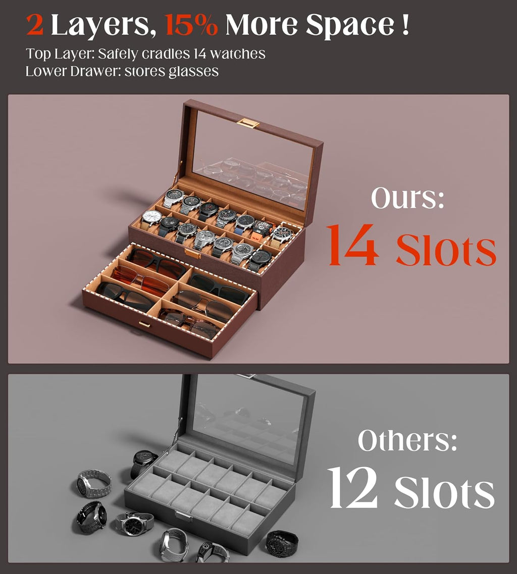 Watch Case Box for Men – 14 Slots Watch Display Organizer with 6-Compartment Eyeglasses Storage, Real Glass Lid