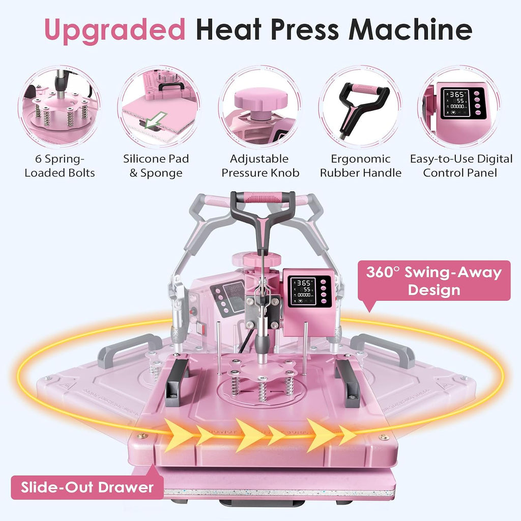 5 in 1 Heat Press Machine, 15x15 inch Heat Press for T-Shirts | 360°Swing Away Sublimation Heat Transfer Press