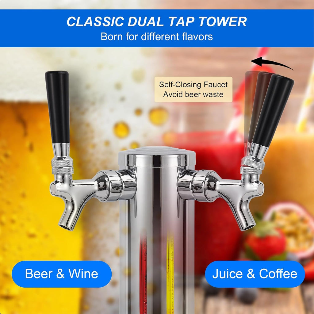Dual Tap Stainless Draft Beer Tap Tower, 3'' Base Kegerator Tower