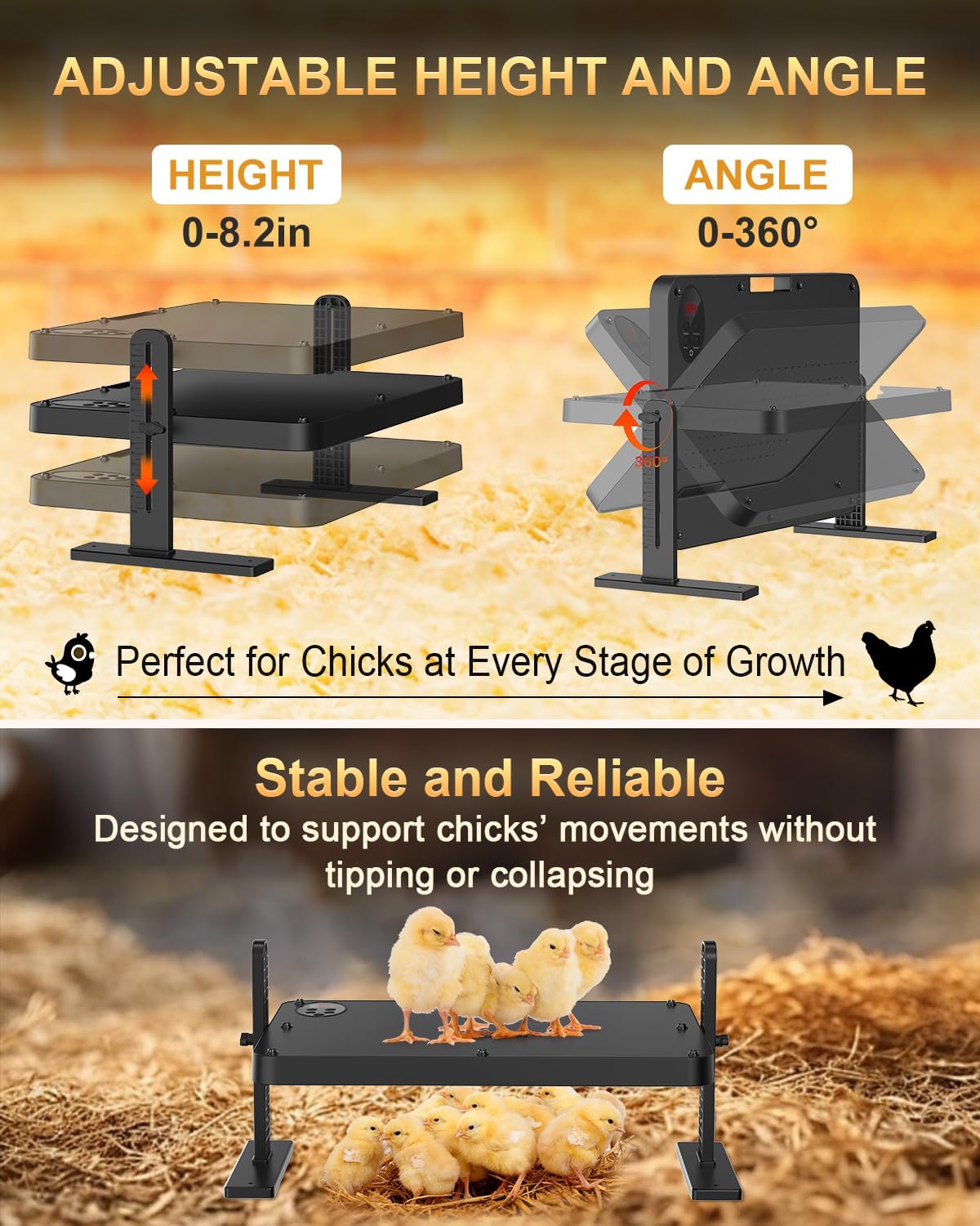 Chick Brooder Heater with Adjustable Temp (86~194℉) & 12H Timer & Height & Angle, Rapid-Heating Heat Plate for Chicks