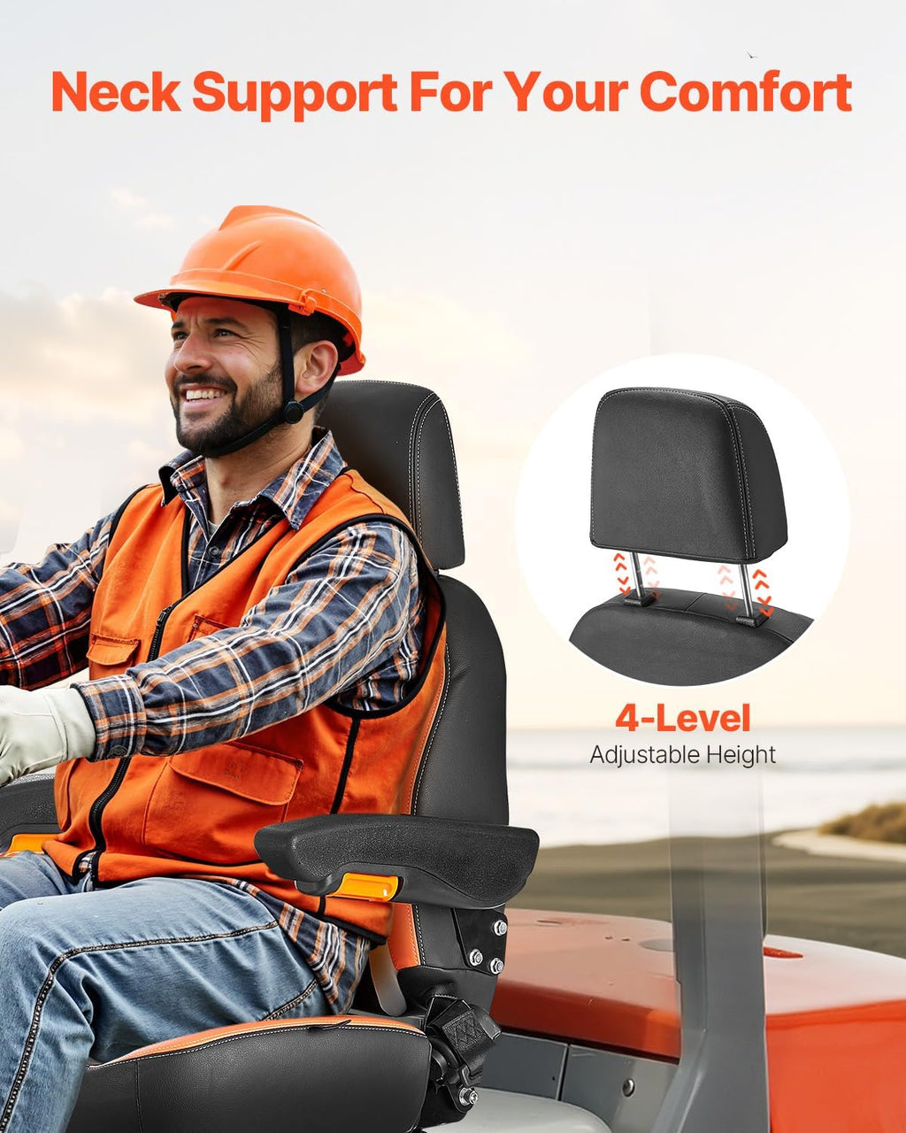 Universal Forklift Seat, Tractor Seat with Adjustable Back, Armrest, Headrest & Safety Belt, Secure Tractor Seat with