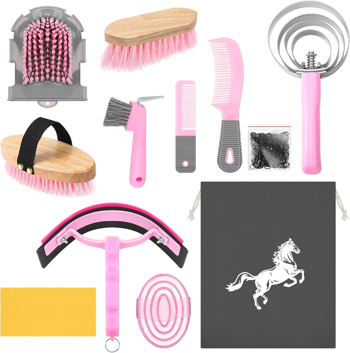 12 Pieces Horse Grooming Kit Equine Care Brushes, Pink and Grey