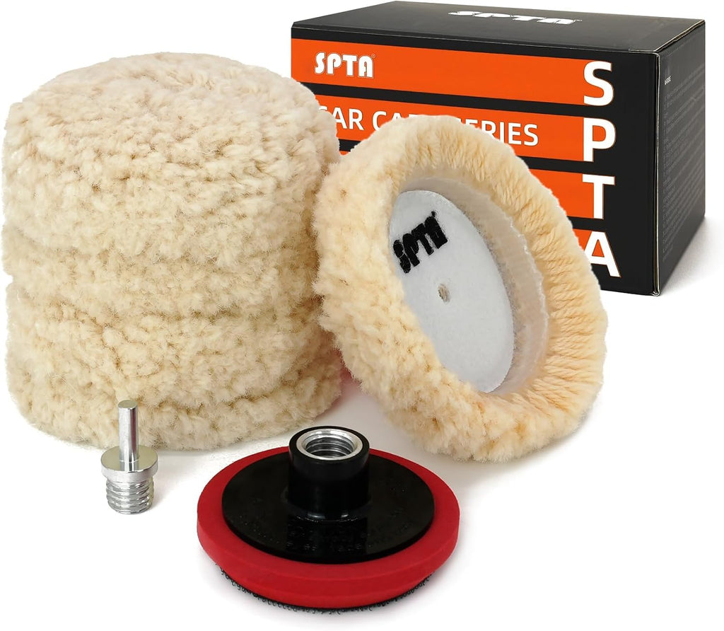 Wool Polishing Pad, 5Pcs 3"(75mm) 100% Natural Wool Buffing Pad with 1Pc Hook&Loop Backing Pad, 1Pc Extension Shank