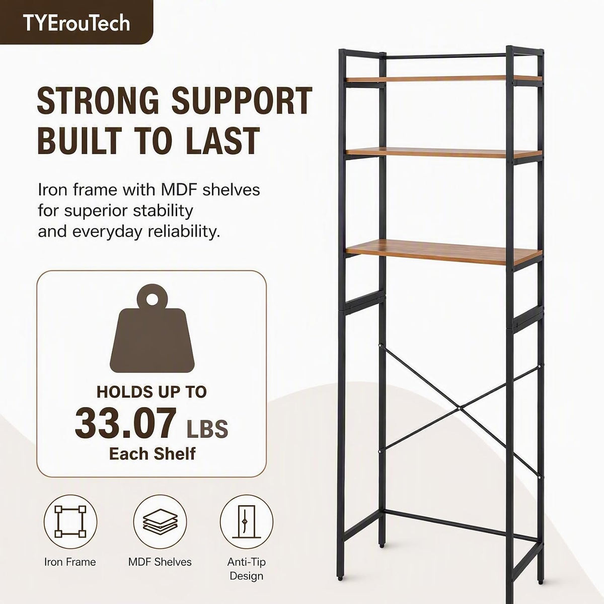 3 Tiers Over The Washer and Dryer Storage Shelf, Freestanding Bathroom Shelf Storage Rack with Adjustable Feet Wood