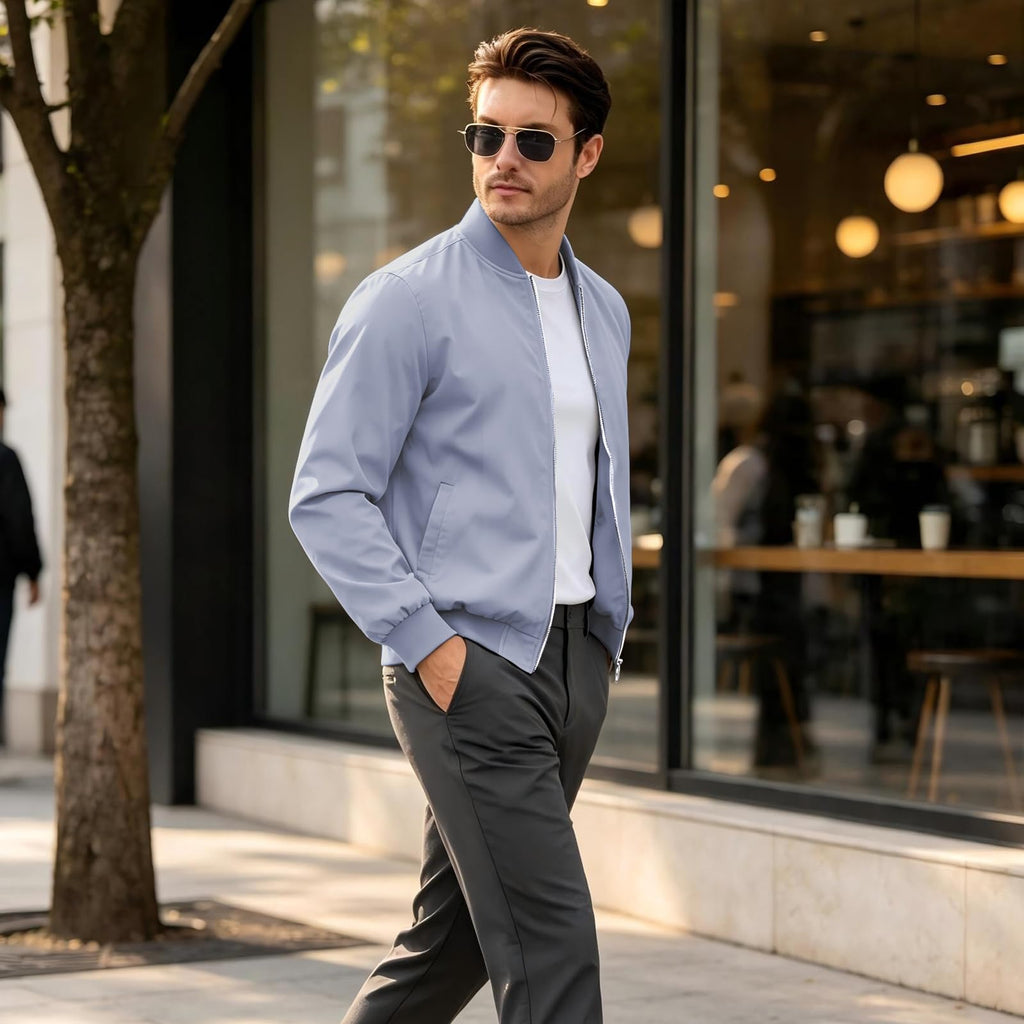 Men’s Lightweight Bomber Jacket Casual Full Zip Spring Fall Windbreaker Coat with Pockets Light Gray M