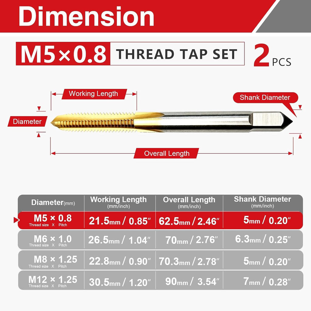 2 Pcs M5 x 0.8 Metric Thread Tap, M2 HSS Right Hand Thread Milling Tap