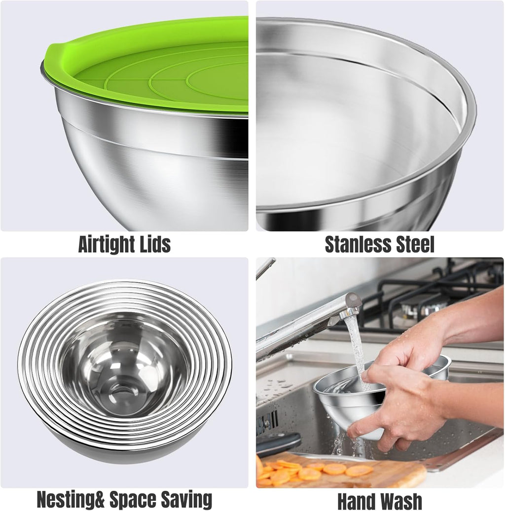 Mixing Bowls with Lids Set, 7 PCS Stainless Steel Mixing Bowls with 3 Grater Attachments, Size 4.5, 4, 3.5, 2.1, 1.5
