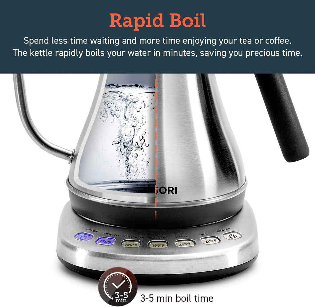 Gooseneck Electric Kettle with Temperature Control, 0.8L, Silver | No Plastic Contact with Water, 5 Presets, 60-Min