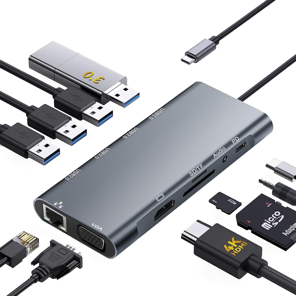 USB C Hub Multiport Adapter, 11 in 1 USB C Docking Station with 4K HDMI, 1080P VGA, 100W PD, USB 3.0, RJ45 Ethernet