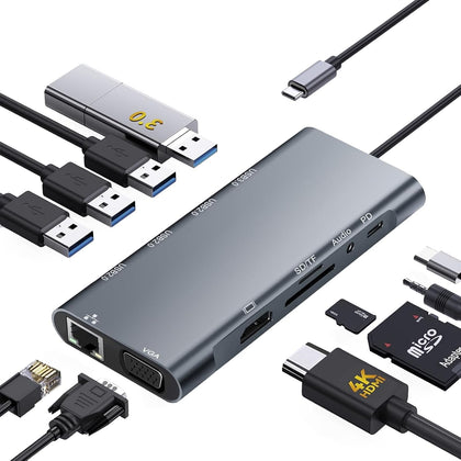 USB C Hub Multiport Adapter, 11 in 1 USB C Docking Station with 4K HDMI, 1080P VGA, 100W PD, USB 3.0, RJ45 Ethernet
