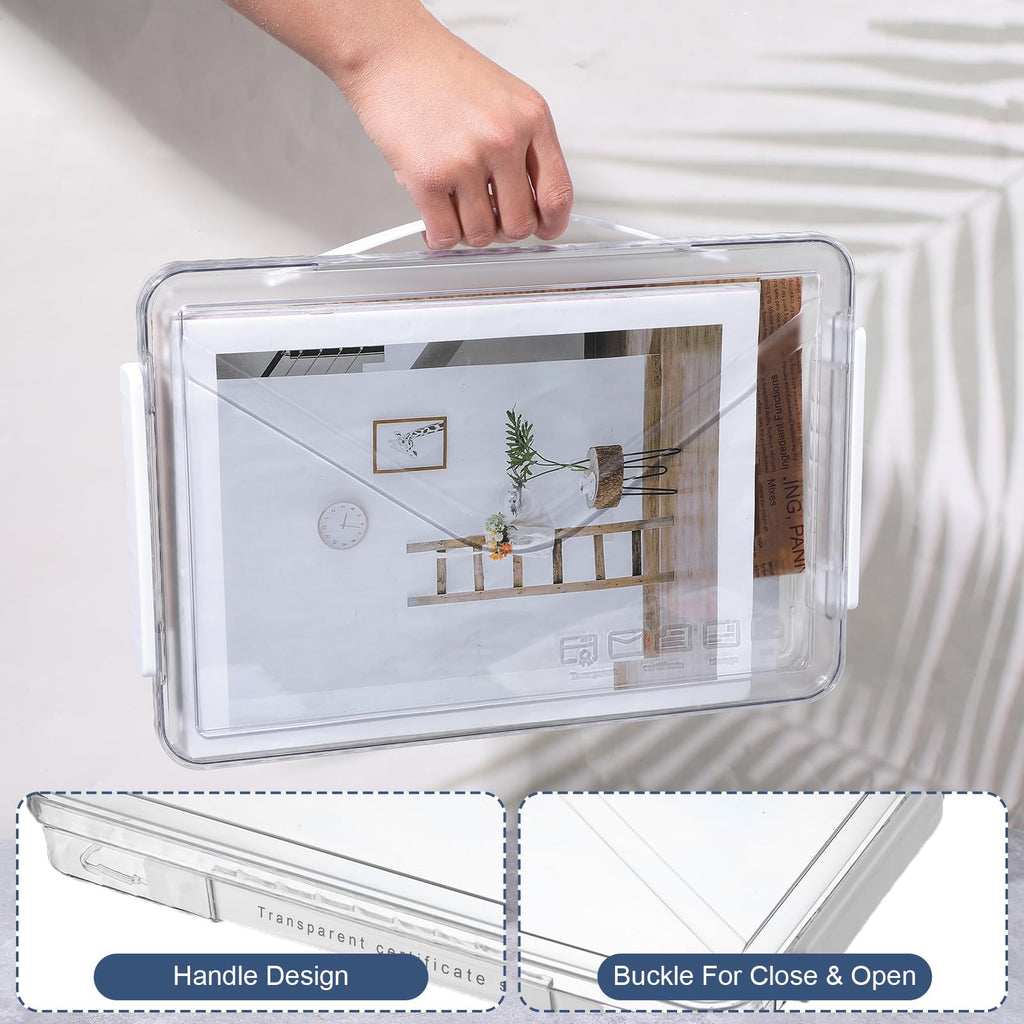 4 Pack Clear Plastic File Boxes with Handle, Modern Style, Stackable, Water Resistant, A4 Letter File, Document