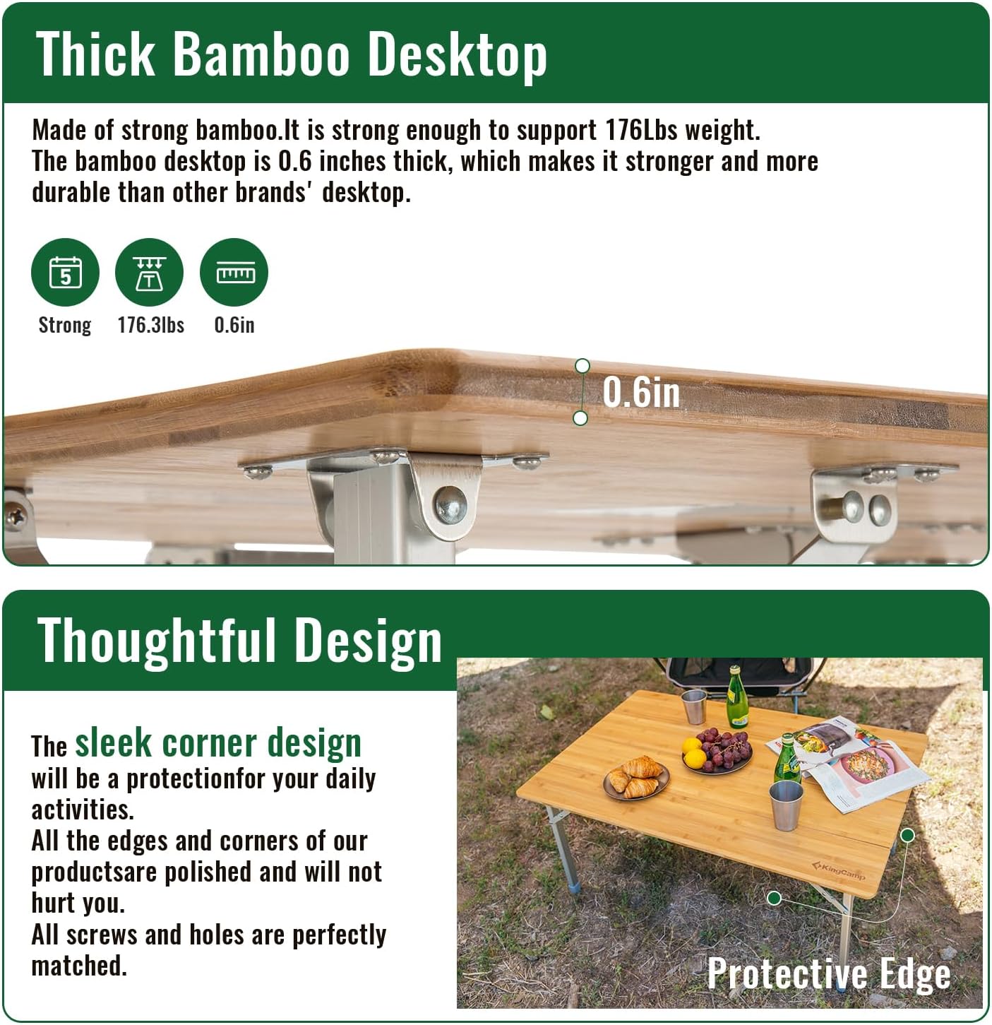 Adjustable Height Folding Table, 4-Fold Bamboo Camping Outdoor Portable RV Camp Table with Carry Bag for Outdoor Car