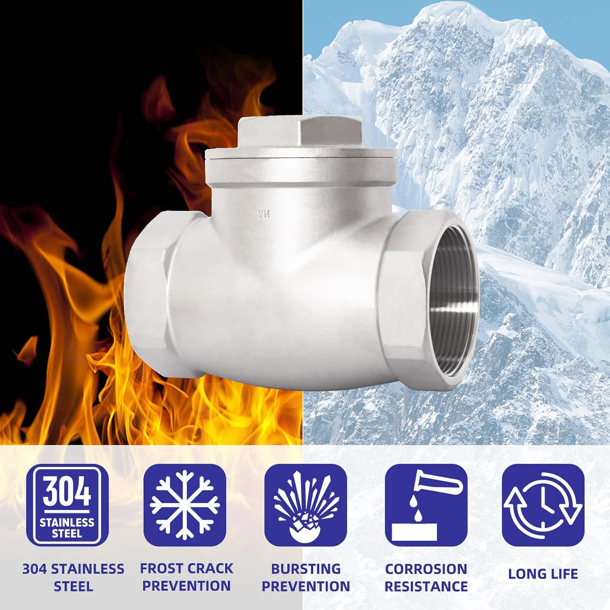 1/2" NPT Horizontal Swing Check Valve, Stainless Steel, Female Thread, DN15
