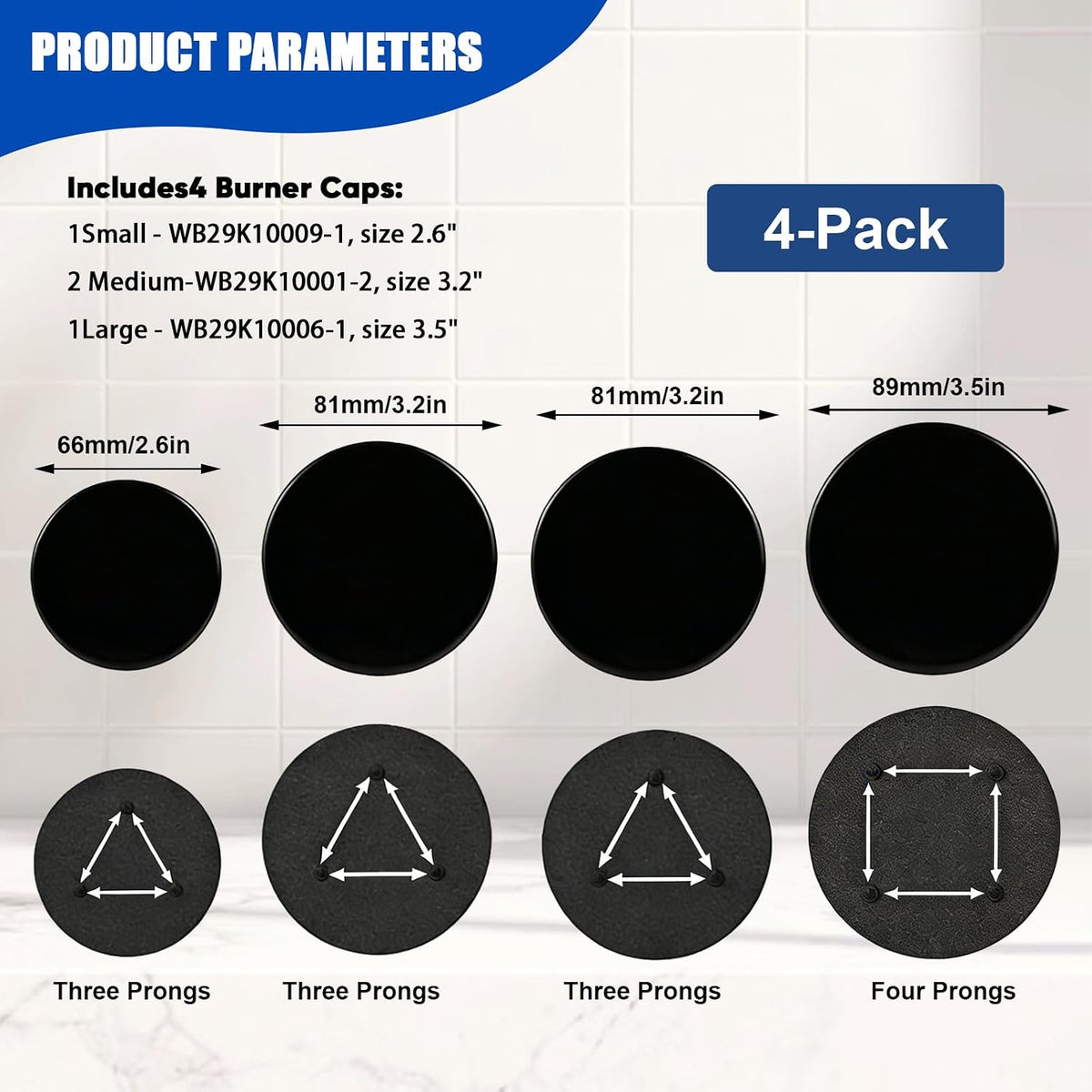 Upgraded 4-Piece Surface Burner Cap Set for GE & Hotpoint 30" Gas Range/Cooktop – Replacement WB29K10022-1 Small (2.6"), WB29K10023-2 Medium (3.2"), WB29K10024-1 Large (3.5") – Shiny Black Finish