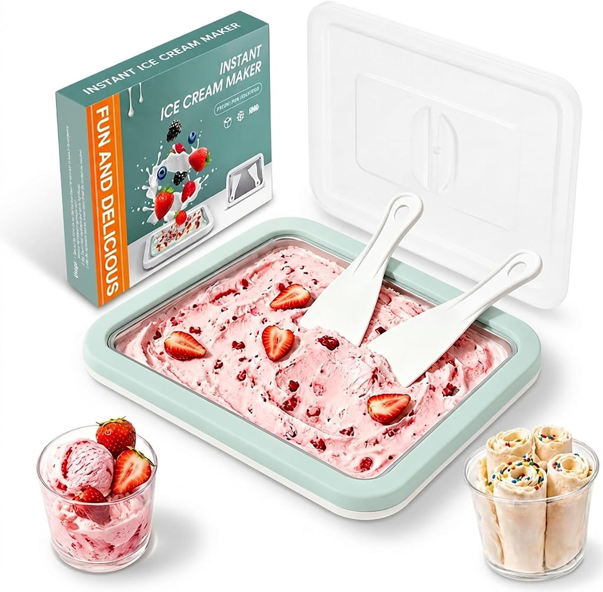 Rolled Ice Cream Maker Kit with Lid and 2 Spatulas, Rolled Ice Cream Tray