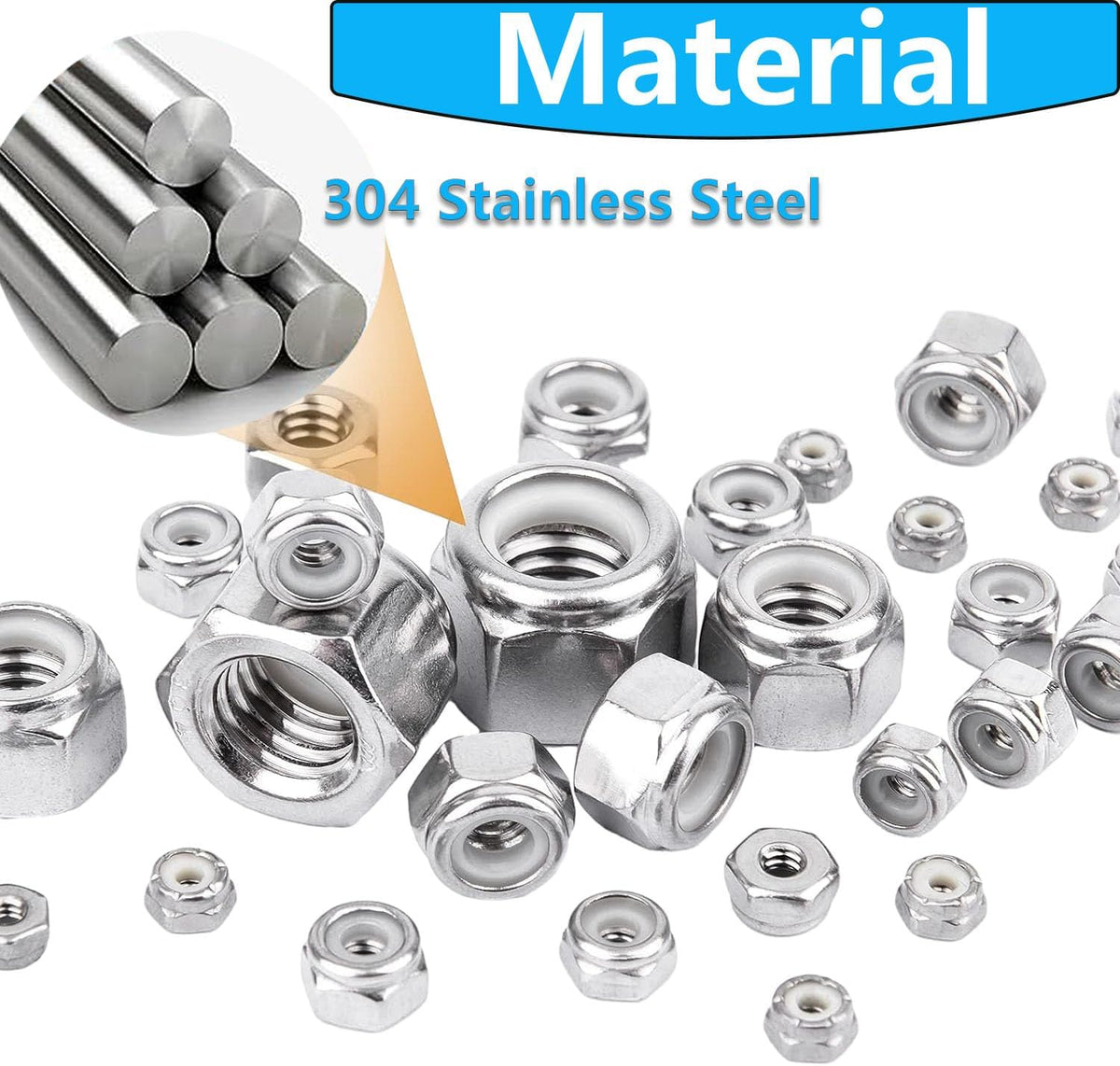 5/16-18 Inch Nylon Insert Hex Lock Nuts,Hincell 60pcs 304 Stainless Steel Locknuts, Hex Drive, Bright Finish