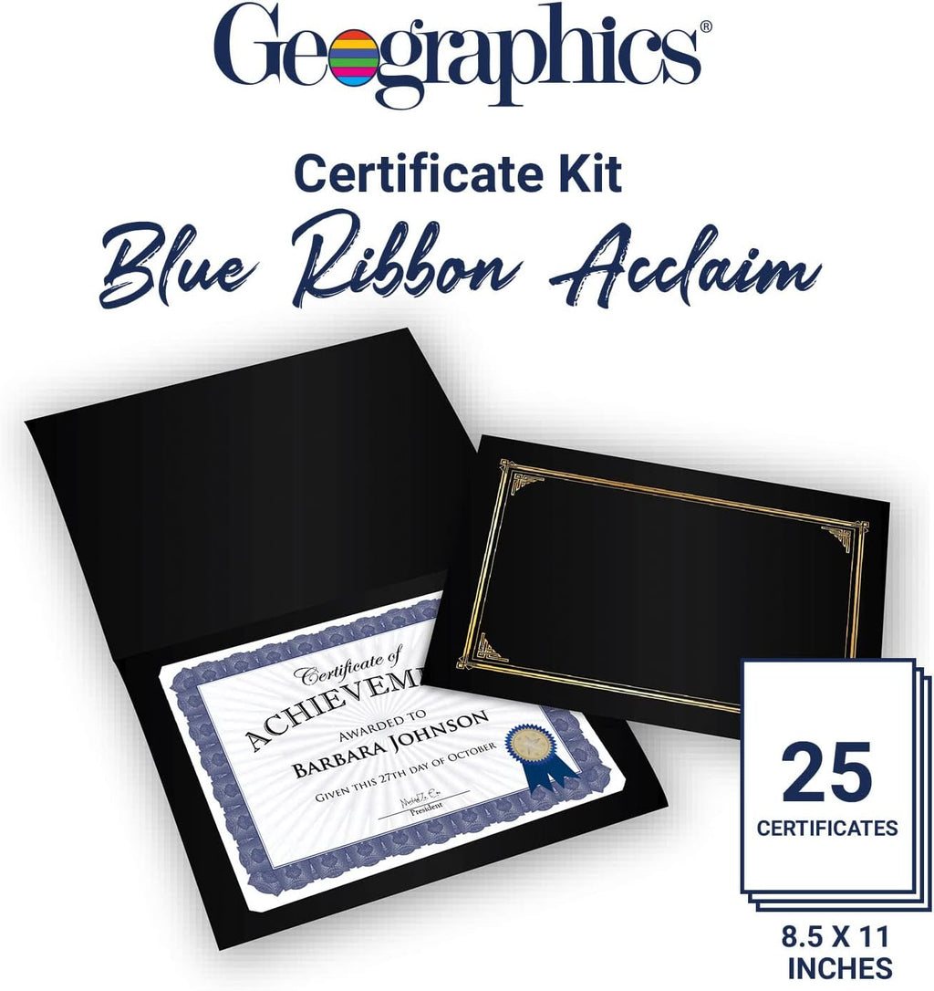 Award Certificate Kit, 8.5 x 11" Blank Certificate Paper, Gold Foil Seals & Blue Ribbon Stickers (Pack of 25)