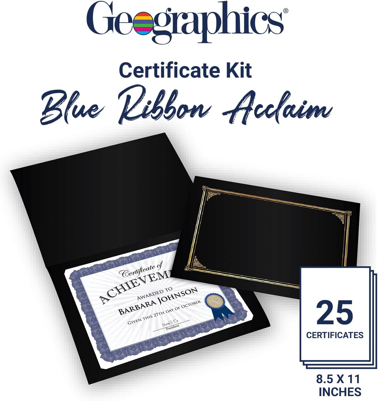Award Certificate Kit, 8.5 x 11" Blank Certificate Paper, Gold Foil Seals & Blue Ribbon Stickers (Pack of 25)
