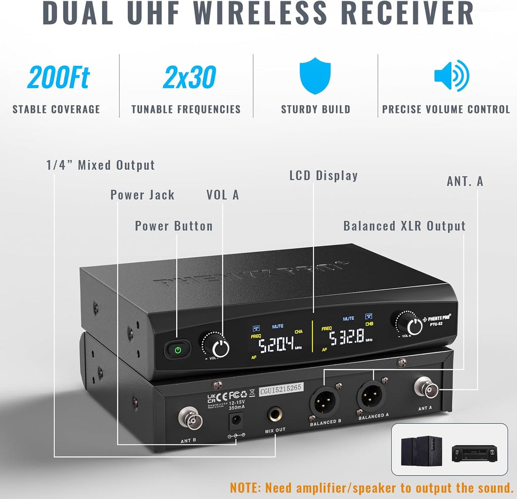 Dual UHF Tunable Frequency Wireless Microphone System PTU-52-2H | 2 Metal Mics, 2 x 30 Frequencies, 200 ft Range
