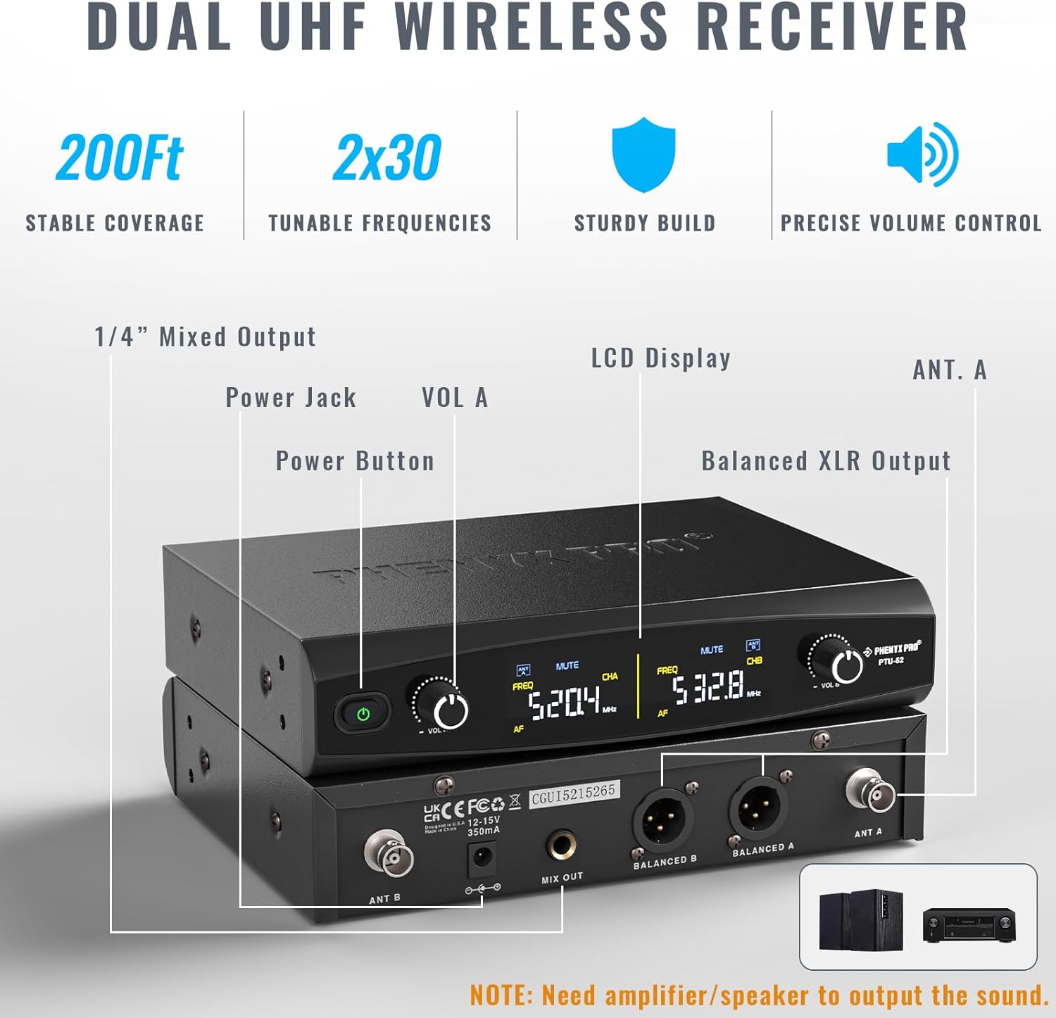 Dual UHF Tunable Frequency Wireless Microphone System PTU-52-2H | 2 Metal Mics, 2 x 30 Frequencies, 200 ft Range